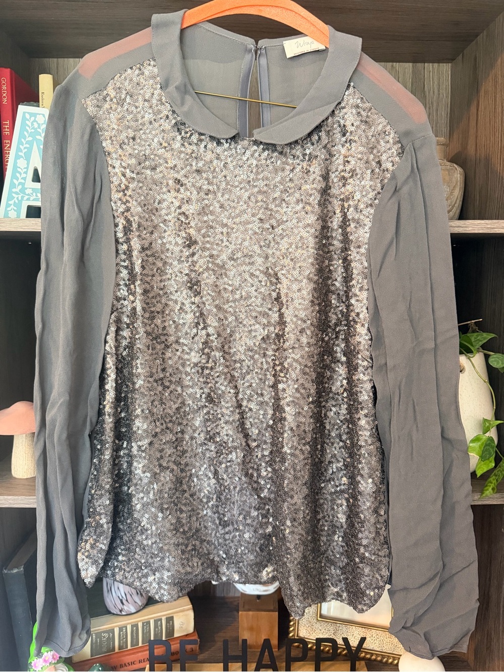 Sequined Grey Long-Sleeve Blouse with Peter Pan Collar
